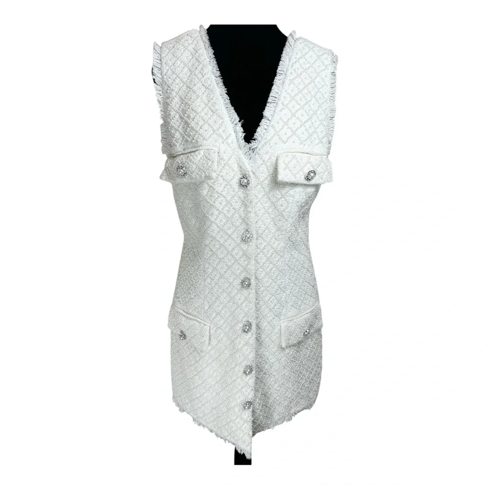 BHLDN Anthropologie Sleeveless Tweed Dress Pearl Embellished Fringed Trim NWOT - Picture 5 of 11